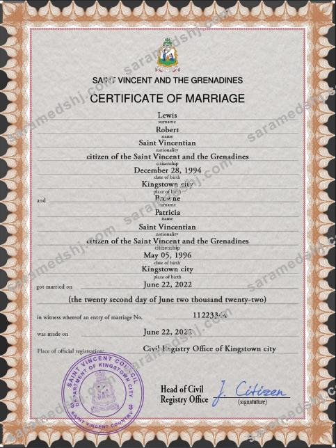 Saint Vincent and the Grenadines marriage certificate